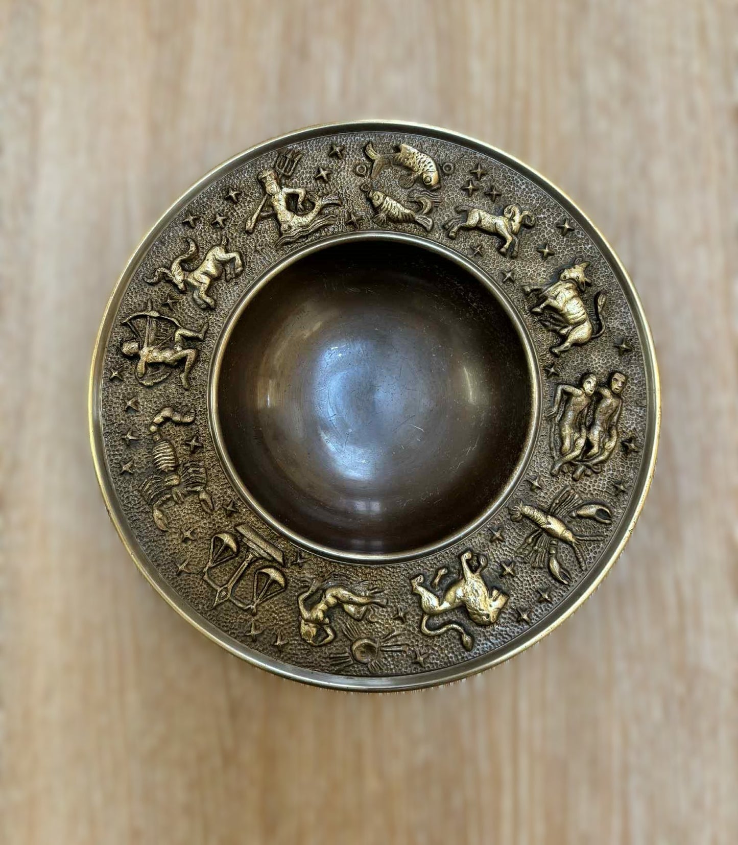 Vintage Danish bronze bowl with astrology symbols made by Nordic Malm from 1960s
