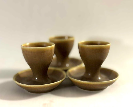 3 rare Palshus stoneware egg cups made in brown hare fur glaze, Denmark 1961