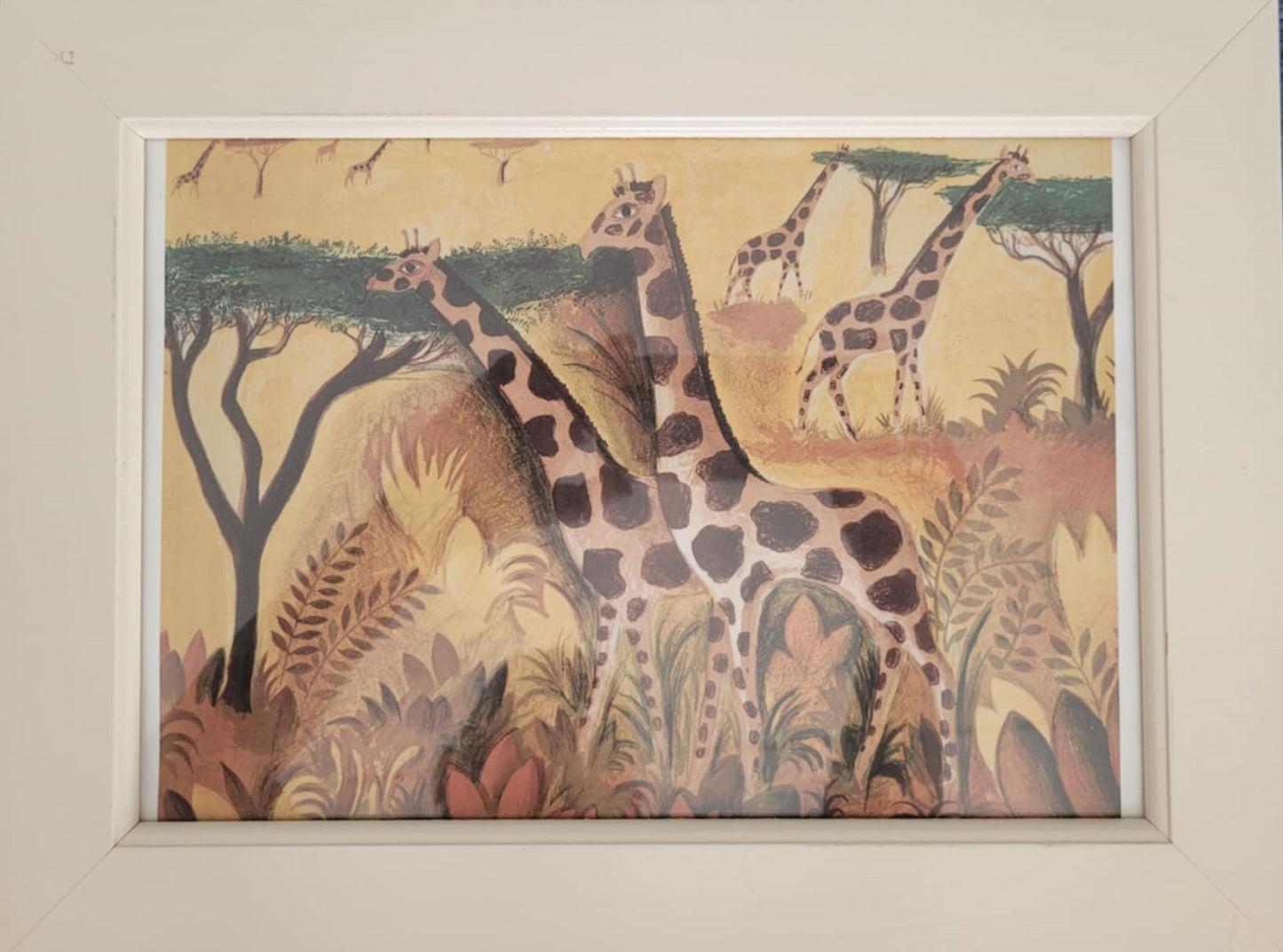 ハンス・シェルフィグによる美しい額入りオフセットプリント2点 - 「水浴びする象」(1975年)と「7頭のキリン」(1964年)