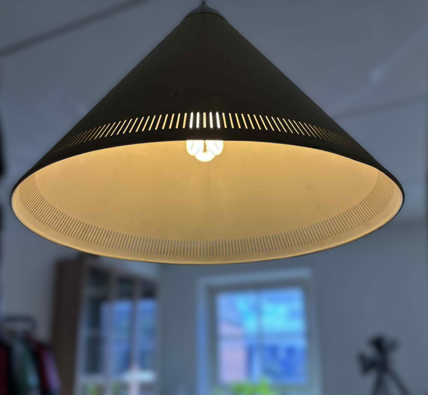 Bent Karlby “Keglen”, hoist pendant with shade of perforated gold-lacquered metal - no. 22544452