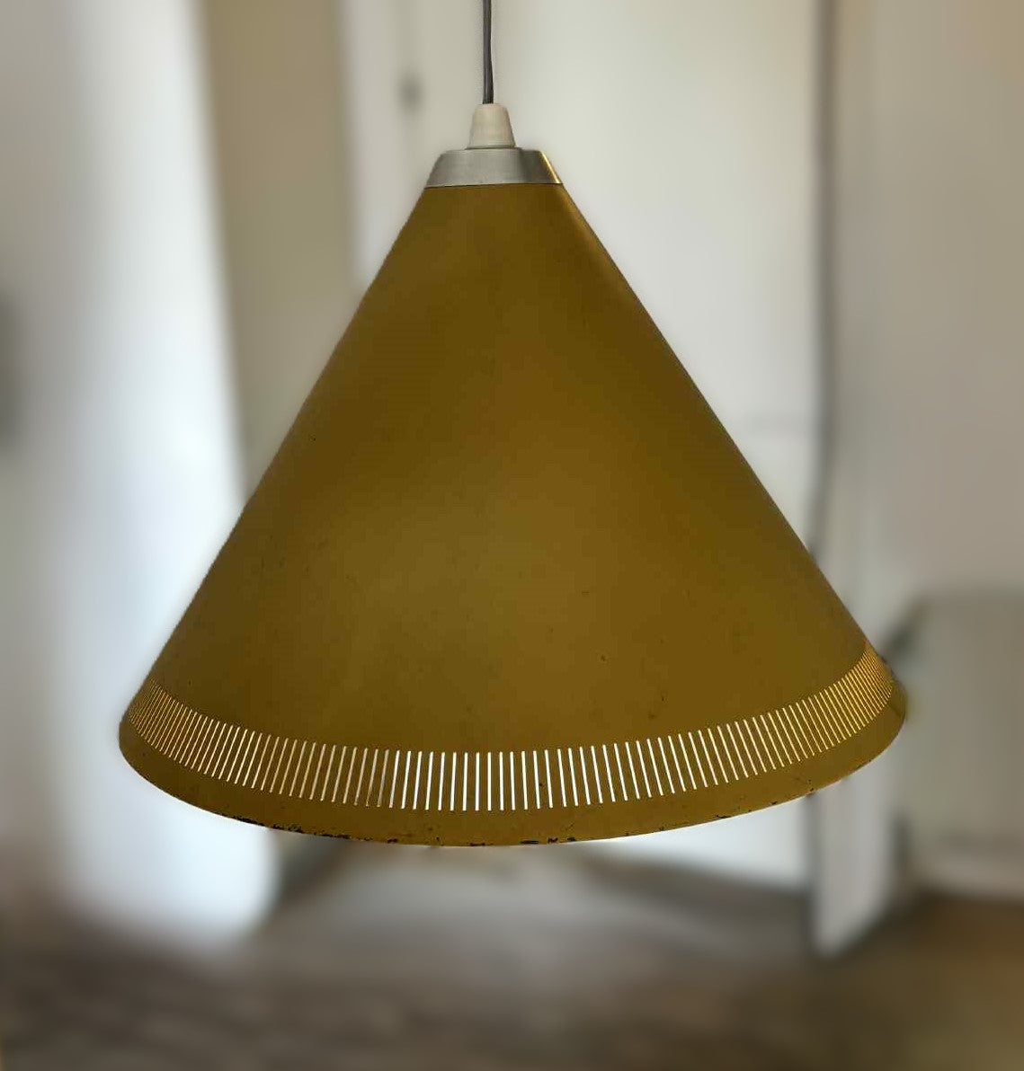 Bent Karlby “Keglen”, hoist pendant with shade of perforated gold-lacquered metal - no. 22544452