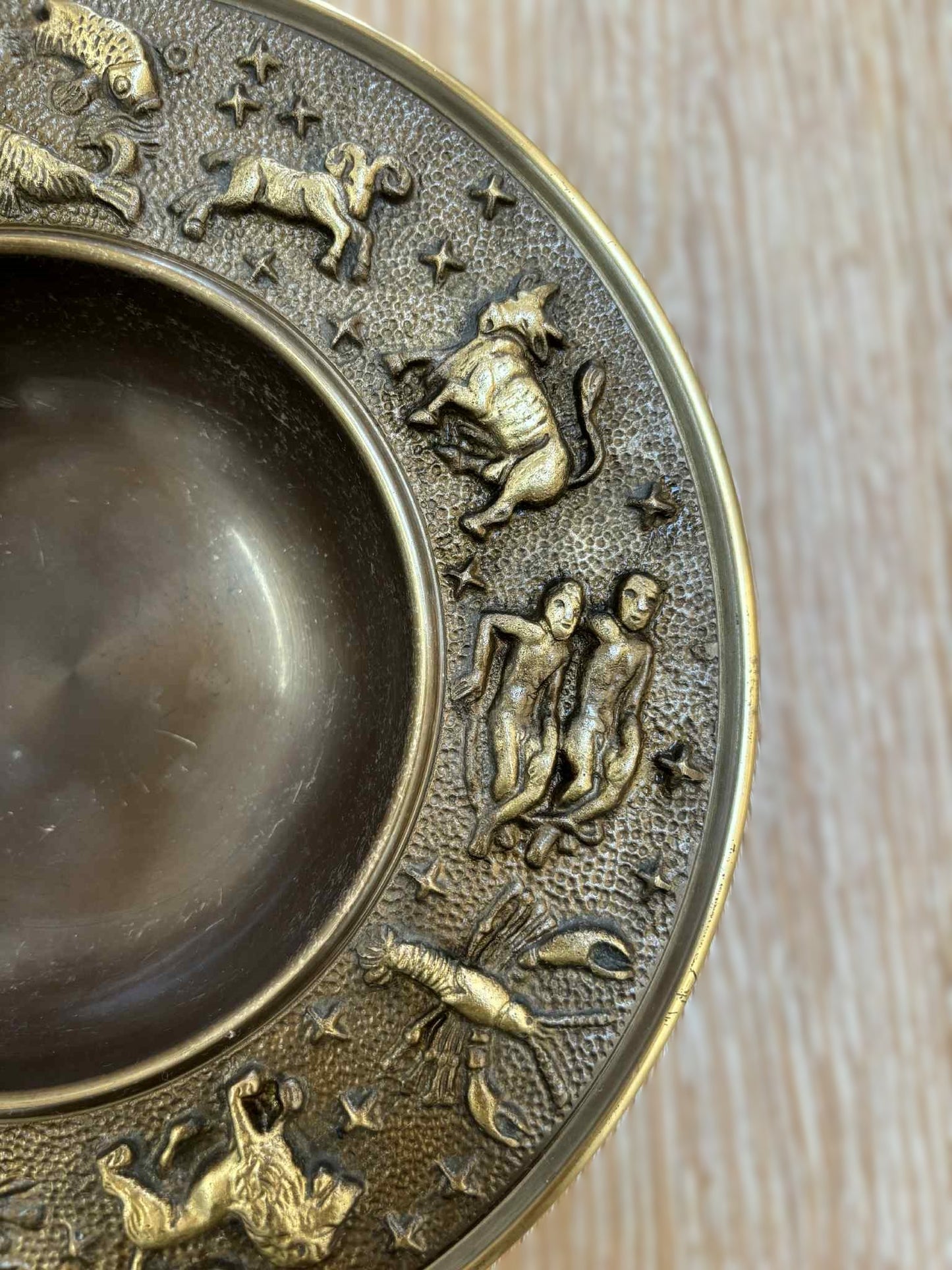 Vintage Danish bronze bowl with astrology symbols made by Nordic Malm from 1960s