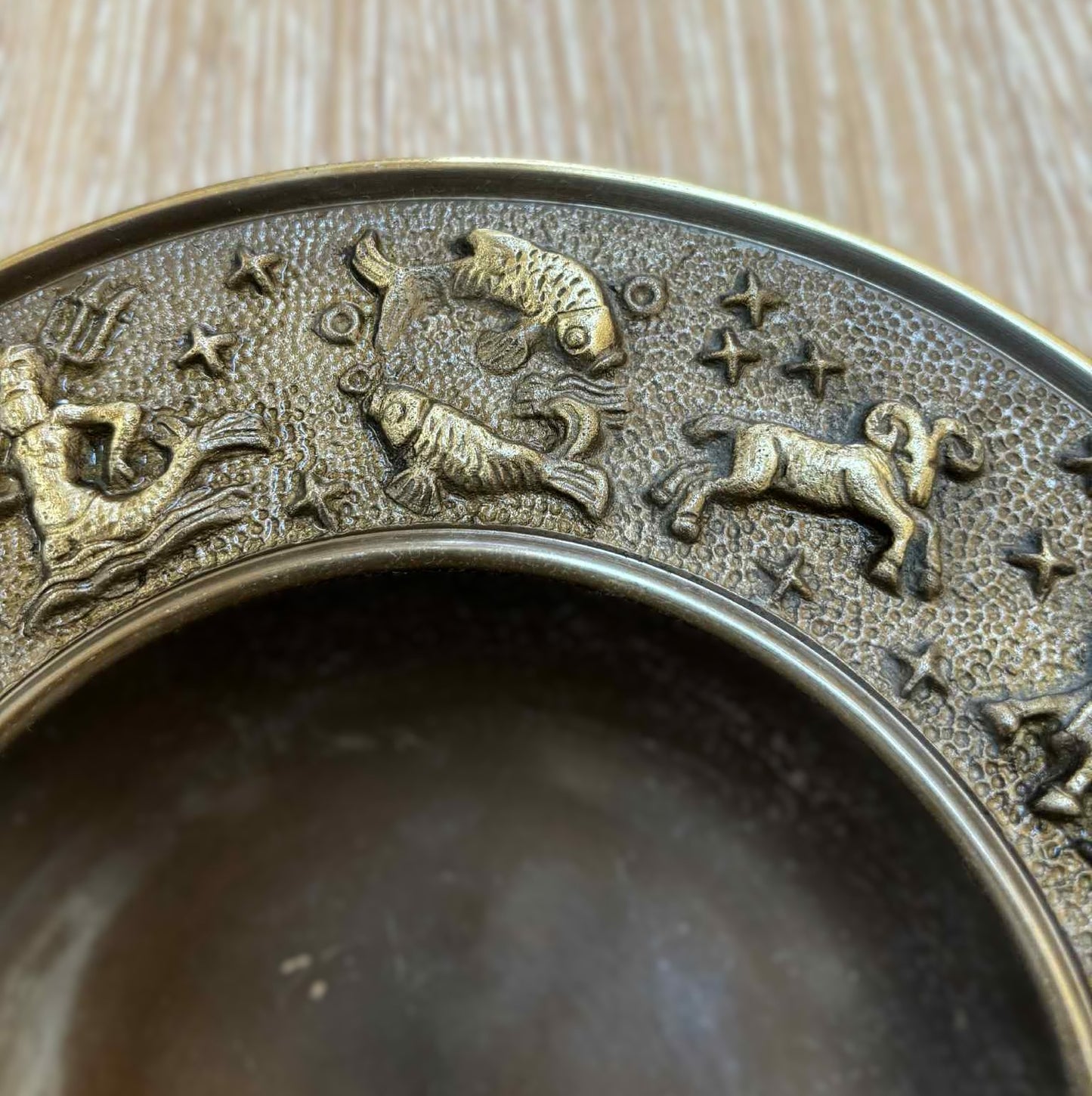 Vintage Danish bronze bowl with astrology symbols made by Nordic Malm from 1960s