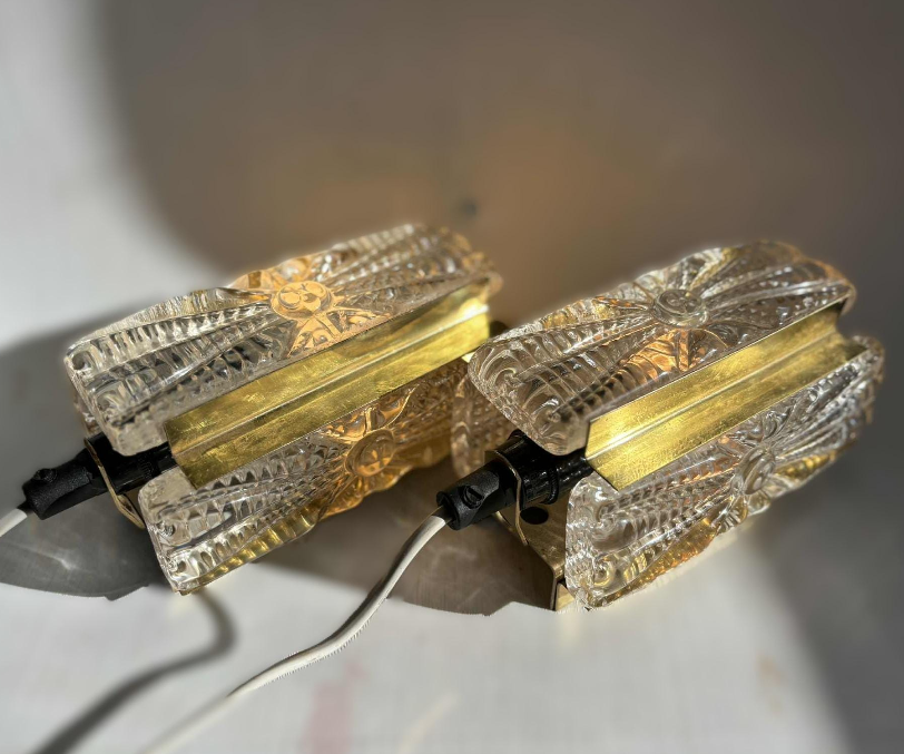 Sconce set Vitrika Aladdin, Brass bases with heavy pressed Amber glass Denmark 1960s