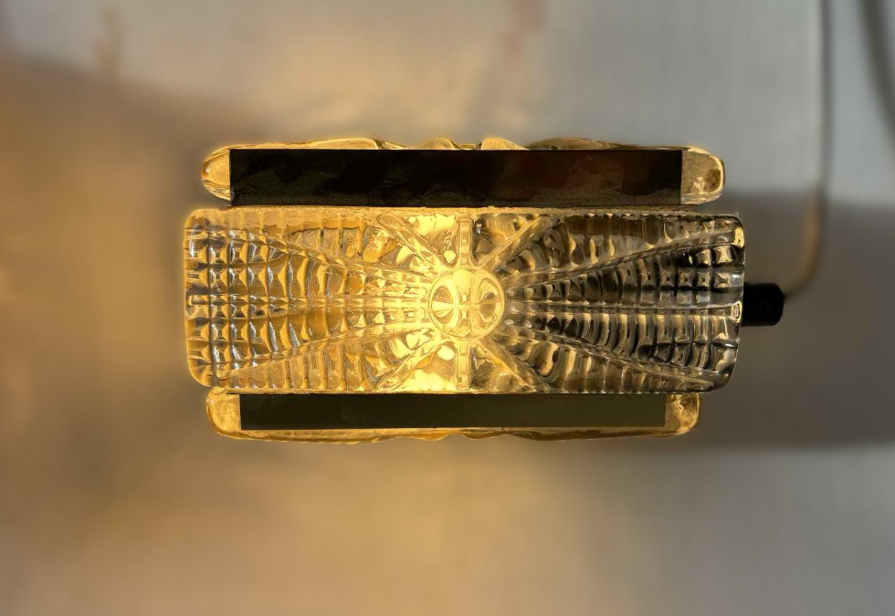 Sconce set Vitrika Aladdin, Brass bases with heavy pressed Amber glass Denmark 1960s