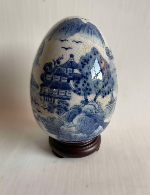 Blue and White Large Chinese Ceramic / Porcelain Egg on Wood Base