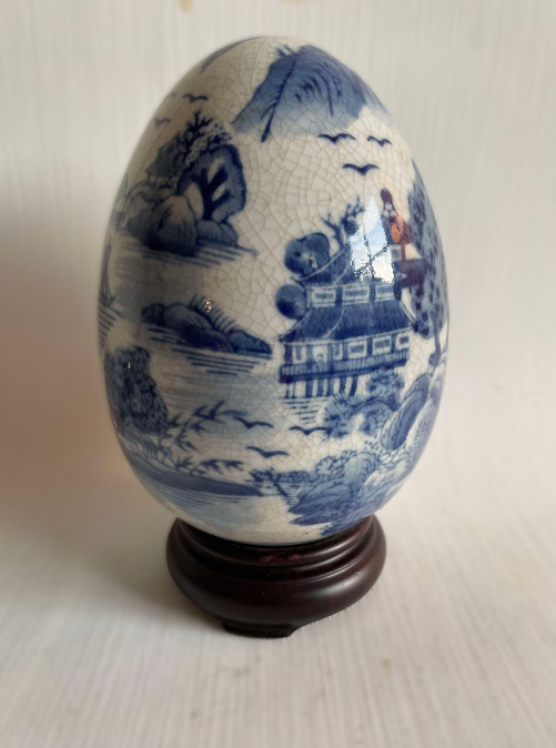 Blue and White Large Chinese Ceramic / Porcelain Egg on Wood Base