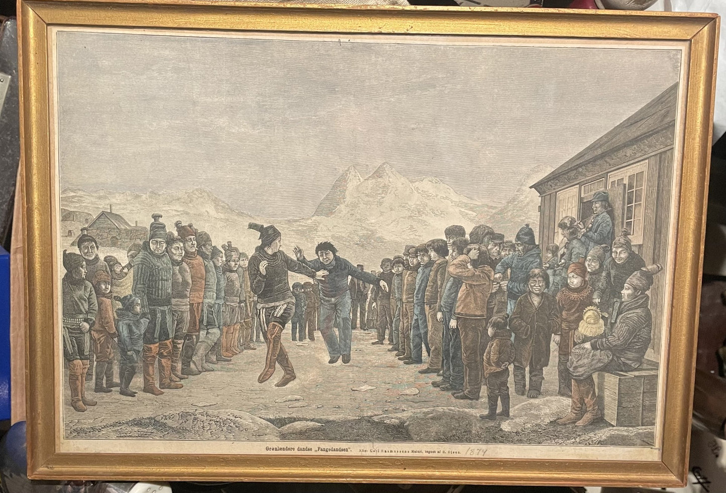 Beautiful Greenlandic color etching, drawn by B. Olsen, after Carl Rasmussen's painting "The Prisoner's Dance" - no. 021300