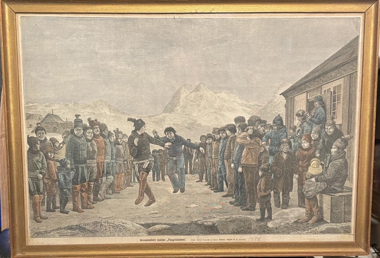 Beautiful Greenlandic color etching, drawn by B. Olsen, after Carl Rasmussen's painting "The Prisoner's Dance" - no. 021300