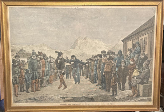 Beautiful Greenlandic color etching, drawn by B. Olsen, after Carl Rasmussen's painting "The Prisoner's Dance" - no. 021300