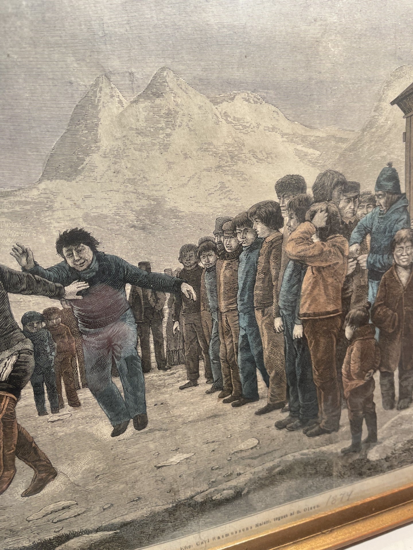 Beautiful Greenlandic color etching, drawn by B. Olsen, after Carl Rasmussen's painting "The Prisoner's Dance" - no. 021300