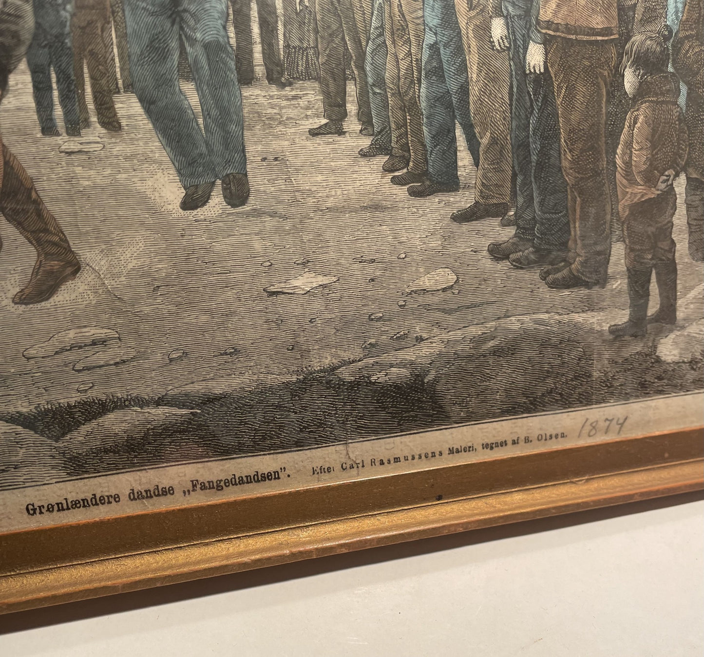 Beautiful Greenlandic color etching, drawn by B. Olsen, after Carl Rasmussen's painting "The Prisoner's Dance" - no. 021300