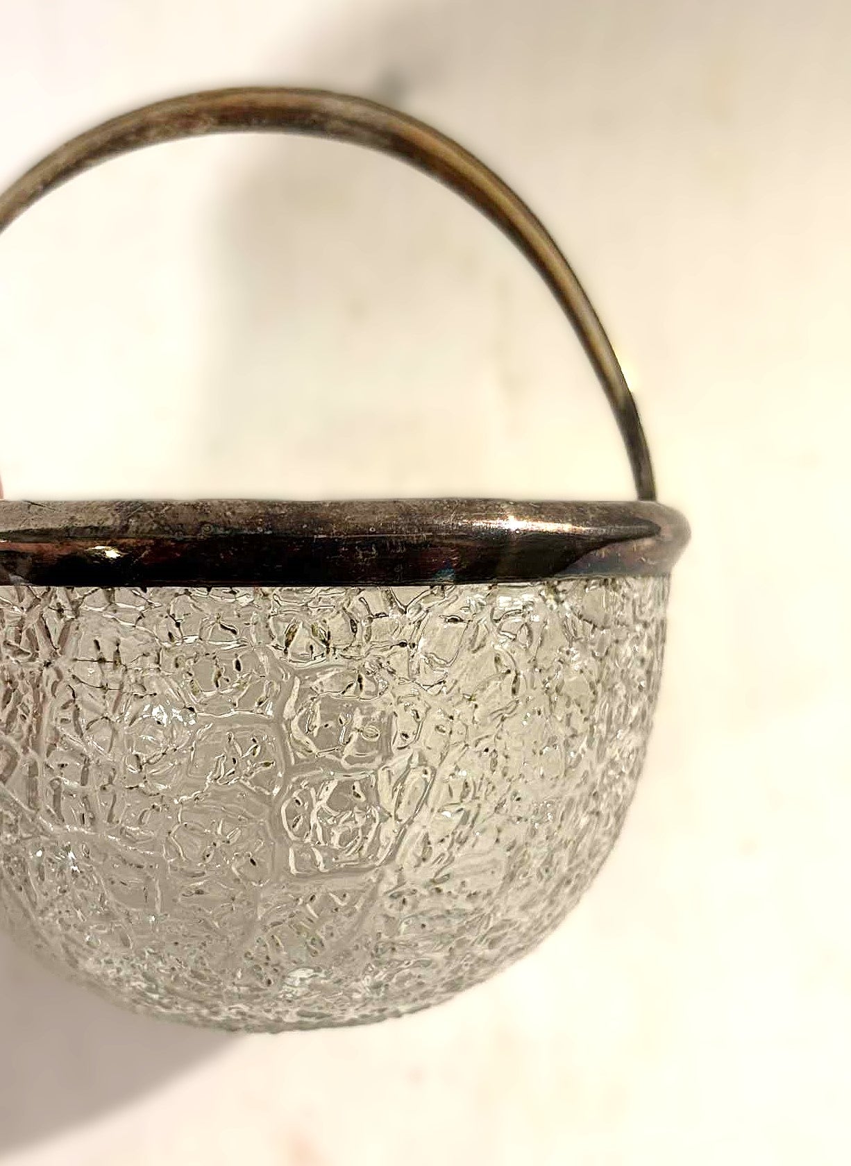 Beautiful old sugar bowl made of cracked glass and with silver plated rim and handle