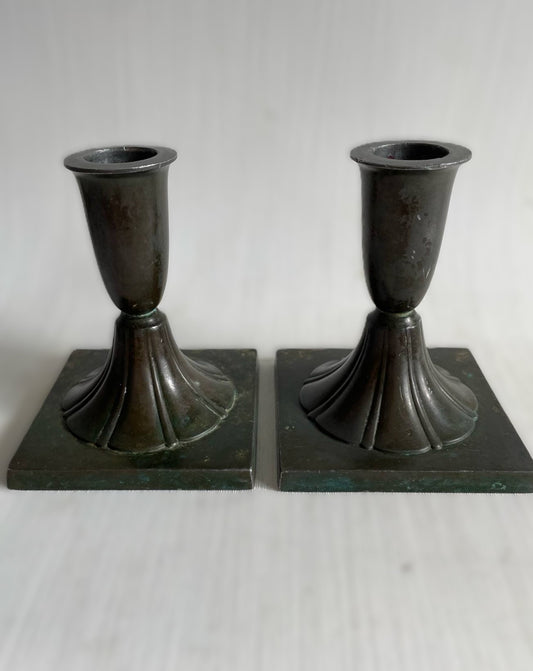 1920s Set of Two Danish Just Andersen Art Deco Candlesticks in Disco Metal