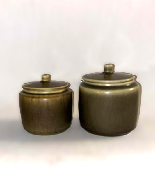 2 beautiful marmalade jars made of hare fur glaze, Palshus Denmark 1960s