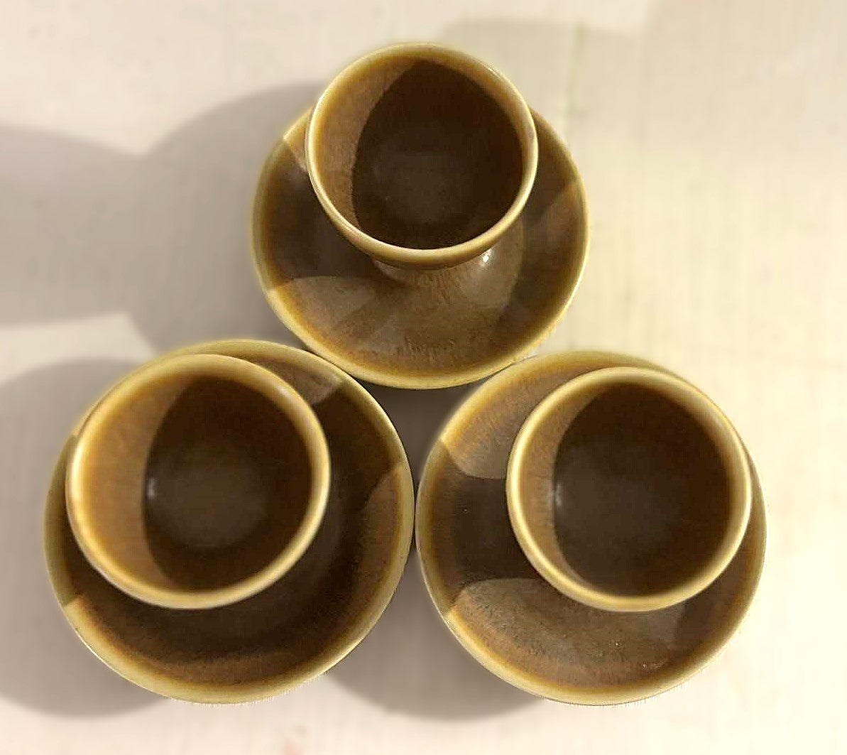 3 rare Palshus stoneware egg cups made in brown hare fur glaze, Denmark 1961