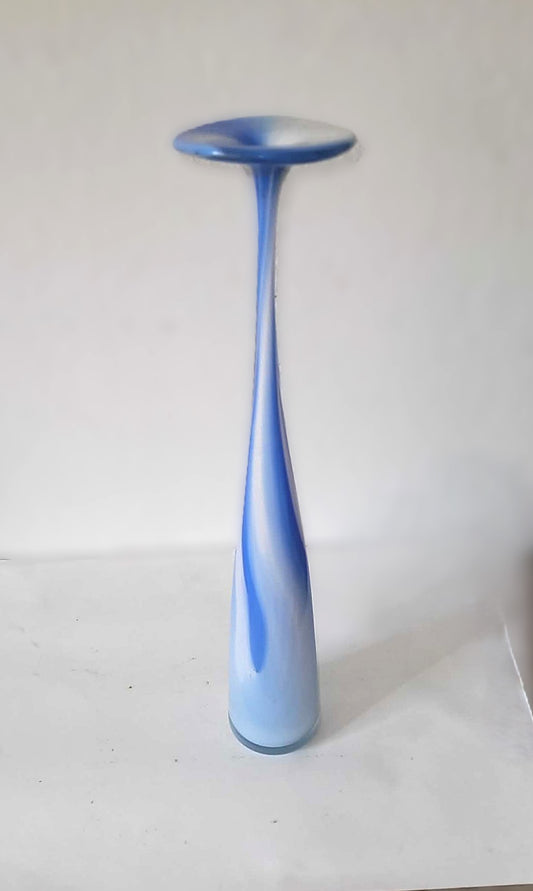 Tall handmade glass vase in blue and white, Denmark 1980s