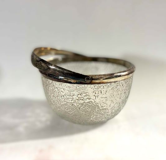 Beautiful old sugar bowl made of cracked glass and with silver plated rim and handle