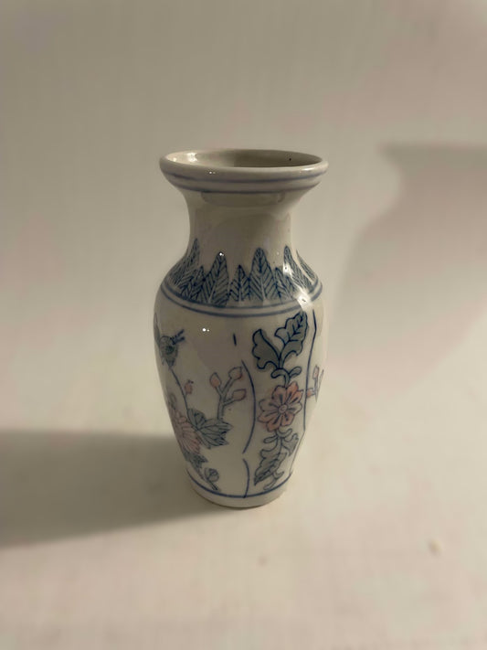 青、白、ピンクの花の装飾が施されたヴィンテージの中国磁器の花瓶 - no. 09560