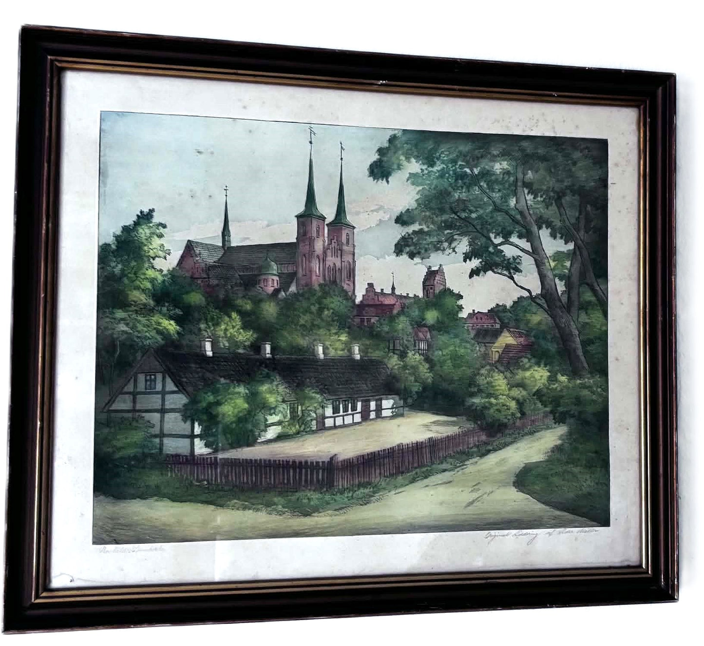 Beautiful vintage color etching with a motif of Roskilde Cathedral, created by Peder Møller (1890-1961)