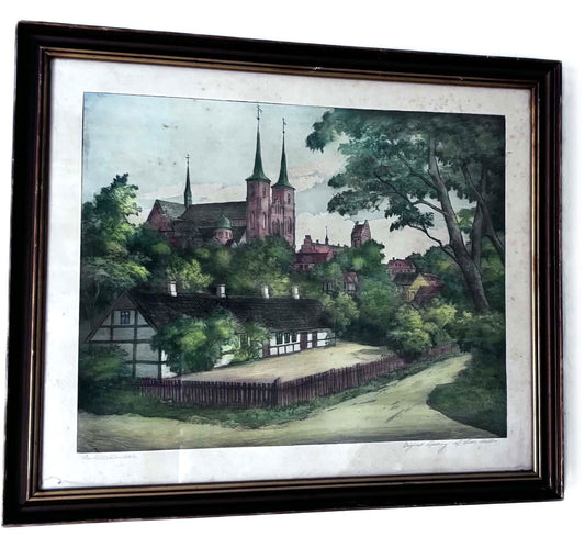 ´Smuk vintage farveradering med motiv af Roskilde Domkirke, udført af Peder Møller (1890-1961)