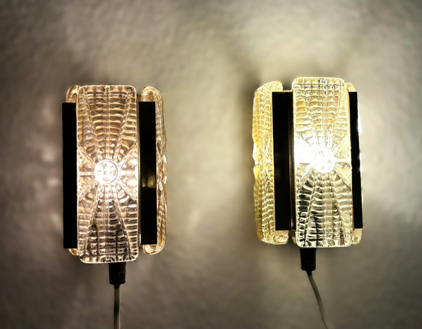 Sconce set Vitrika Aladdin, Brass bases with heavy pressed Amber glass Denmark 1960s