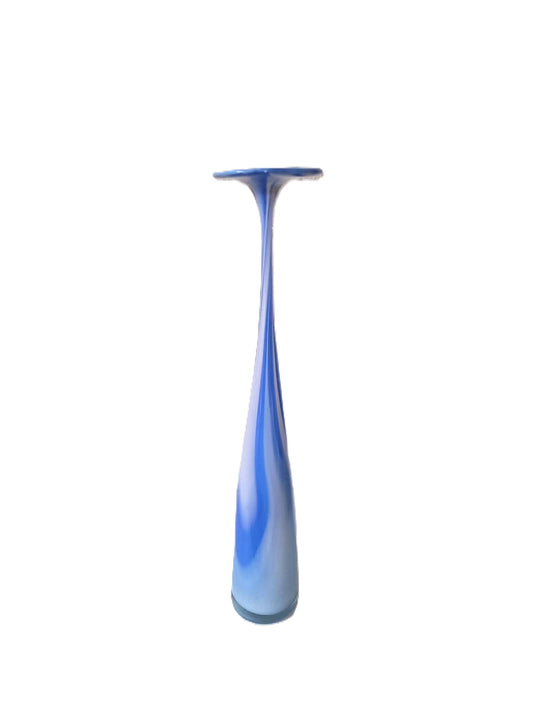Tall handmade glass vase in blue and white, Denmark 1980s