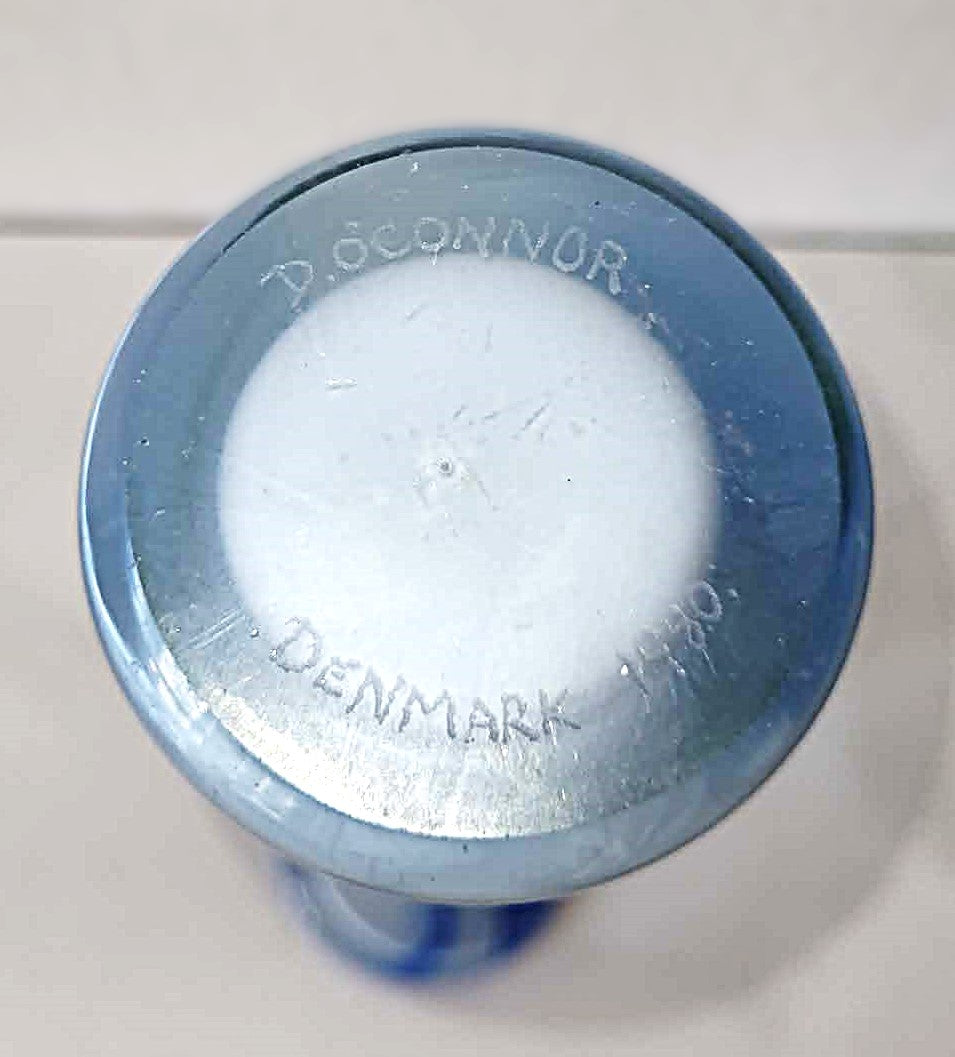 Tall handmade glass vase in blue and white, Denmark 1980s