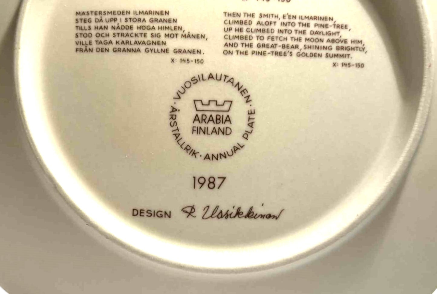 Kalevala Arabia フィンランド 1987 コレクター プレート、Raija Uosikkinen 作、ウォール プレート