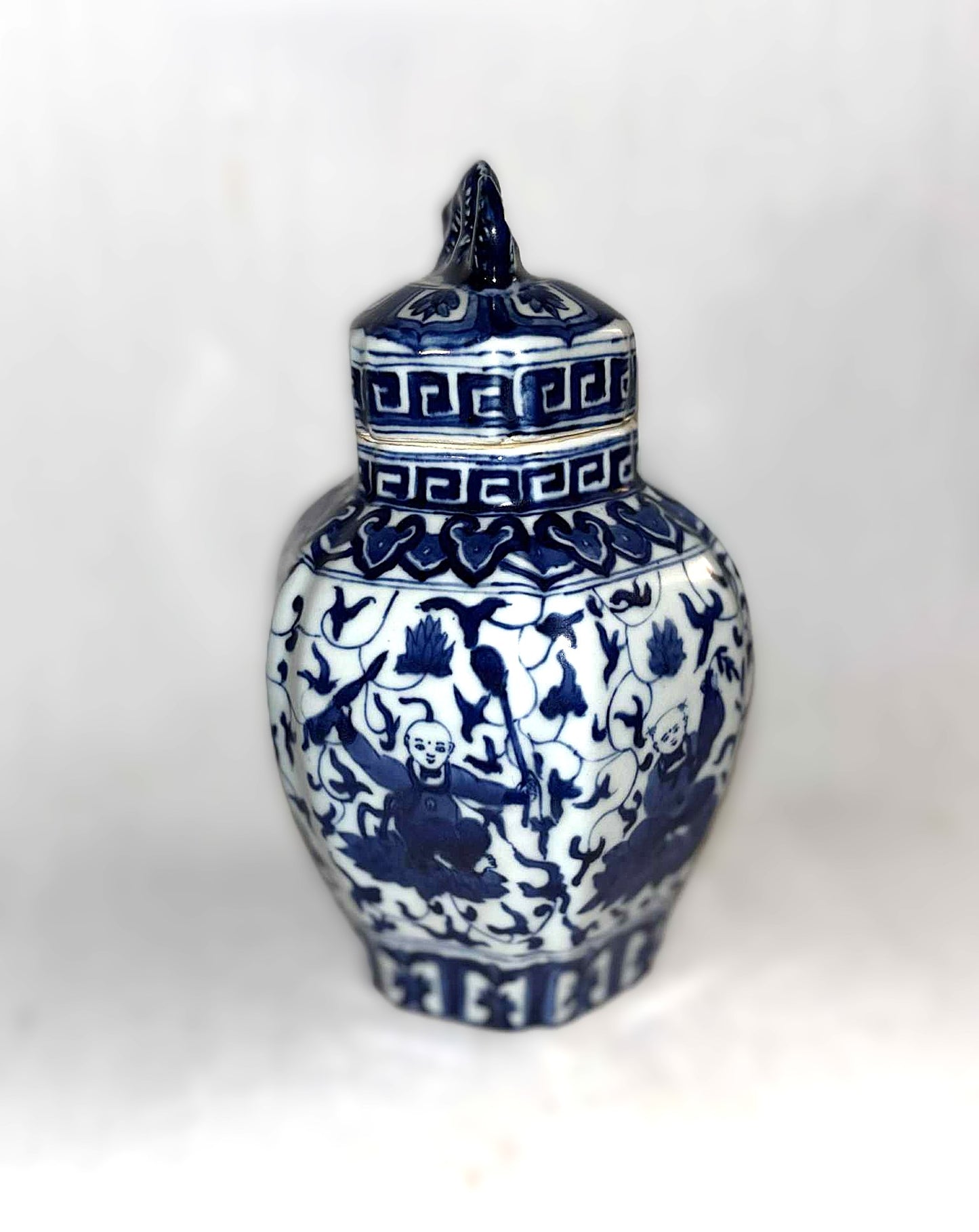 Qing Qianlong kinesisk blåhvid porcelænskrukke med låg