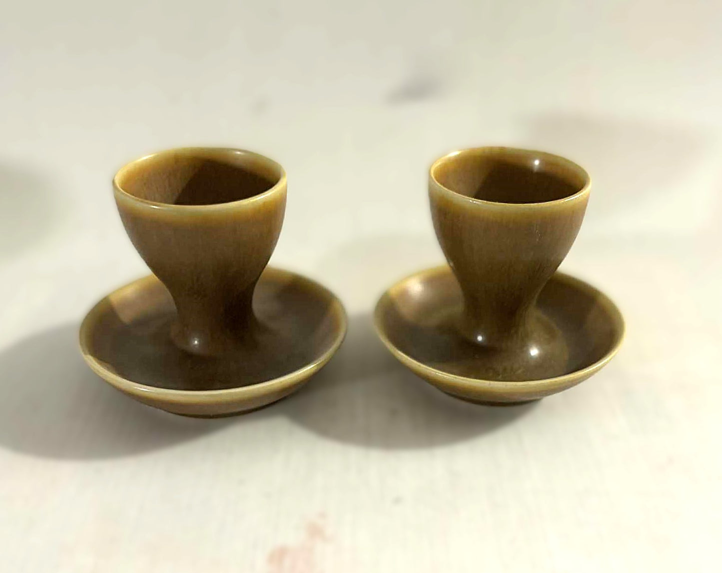3 rare Palshus stoneware egg cups made in brown hare fur glaze, Denmark 1961