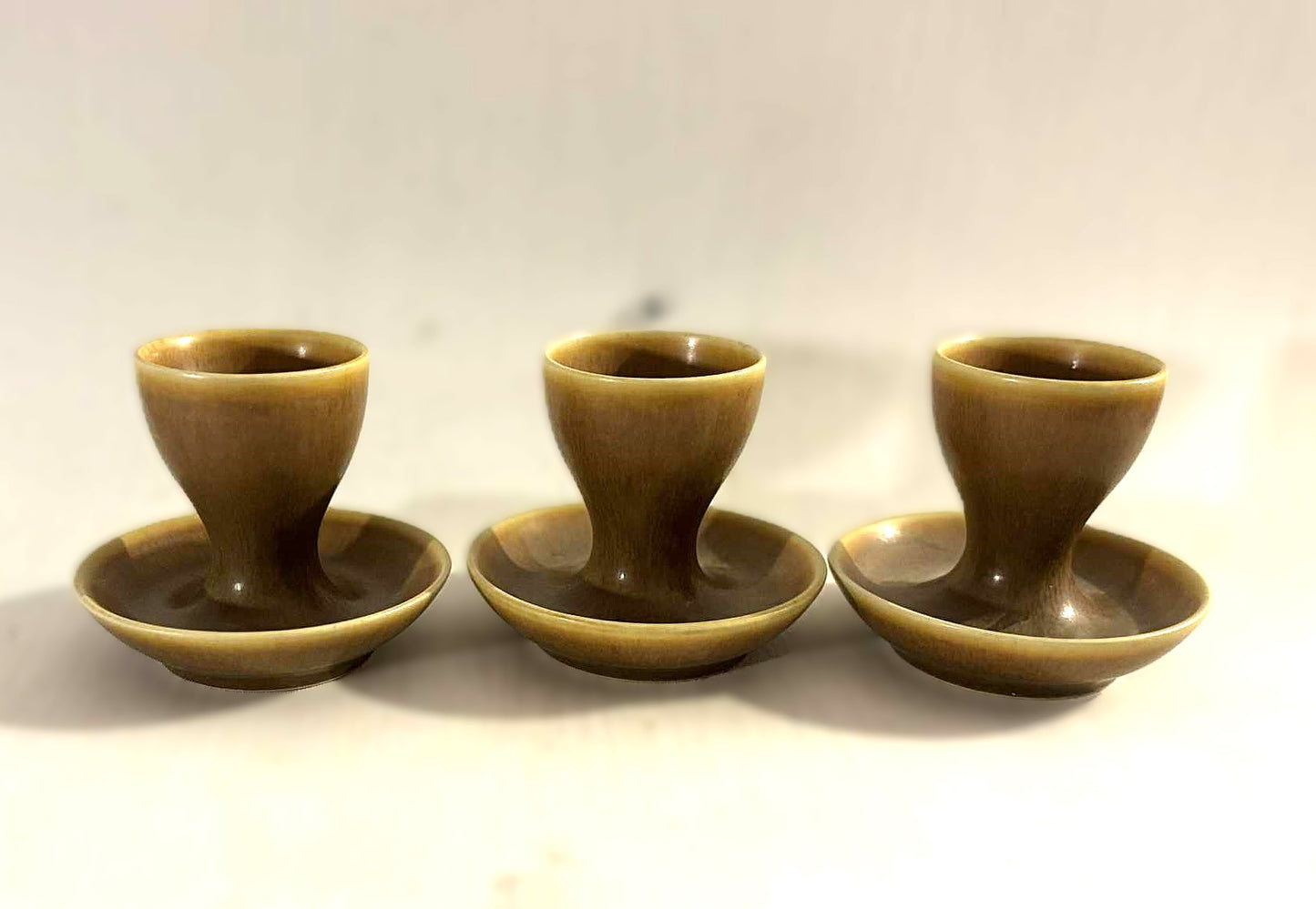 3 rare Palshus stoneware egg cups made in brown hare fur glaze, Denmark 1961