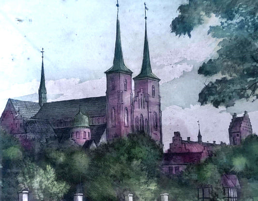 ´Smuk vintage farveradering med motiv af Roskilde Domkirke, udført af Peder Møller (1890-1961)