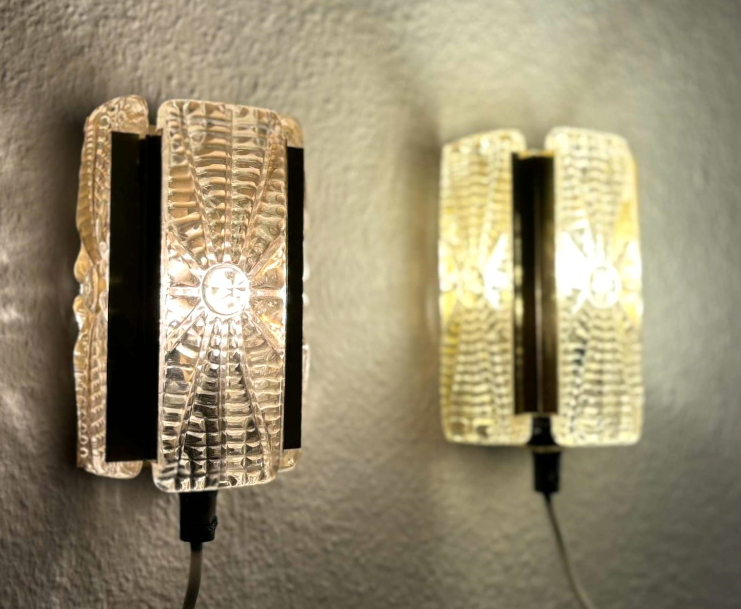 Sconce set Vitrika Aladdin, Brass bases with heavy pressed Amber glass Denmark 1960s