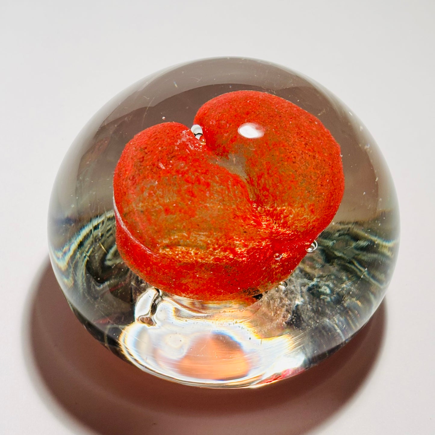 Murano Sommerso Glass Paperweight, Orange Shaped Heart Center