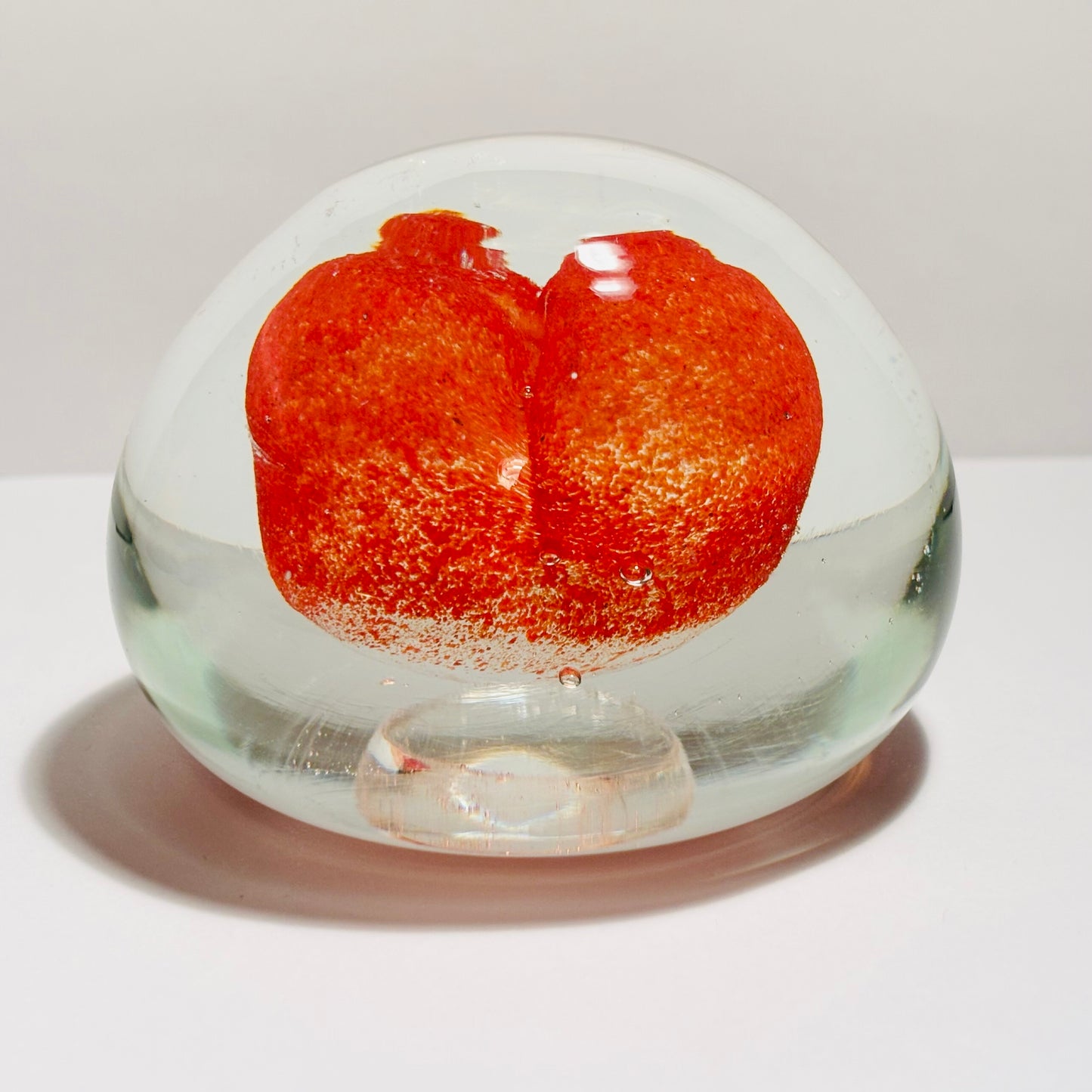 Murano Sommerso Glass Paperweight, Orange Shaped Heart Center