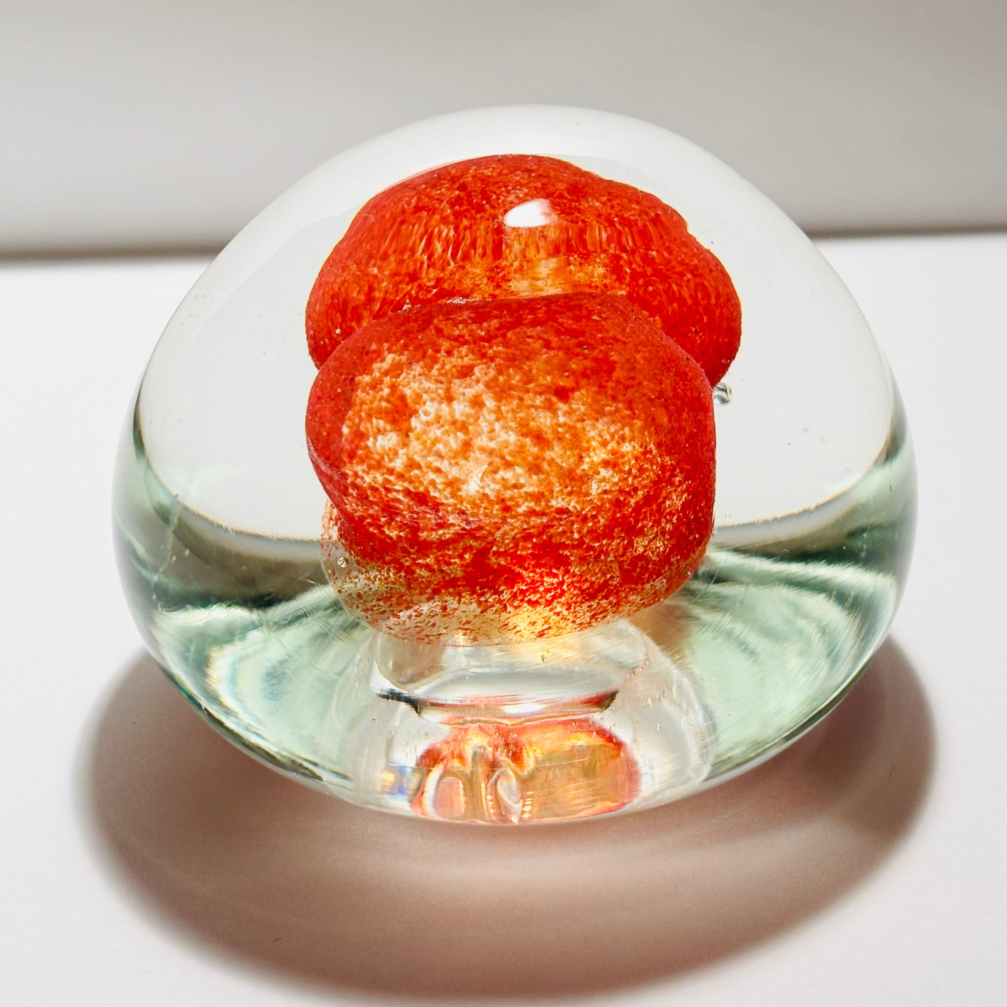 Murano Sommerso Glass Paperweight, Orange Shaped Heart Center