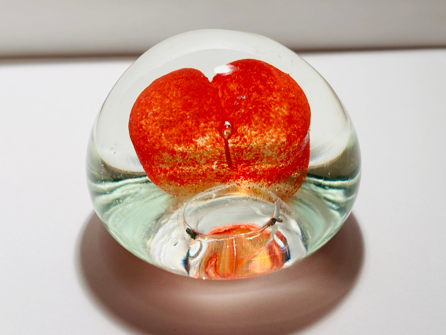 Murano Sommerso Glass Paperweight, Orange Shaped Heart Center