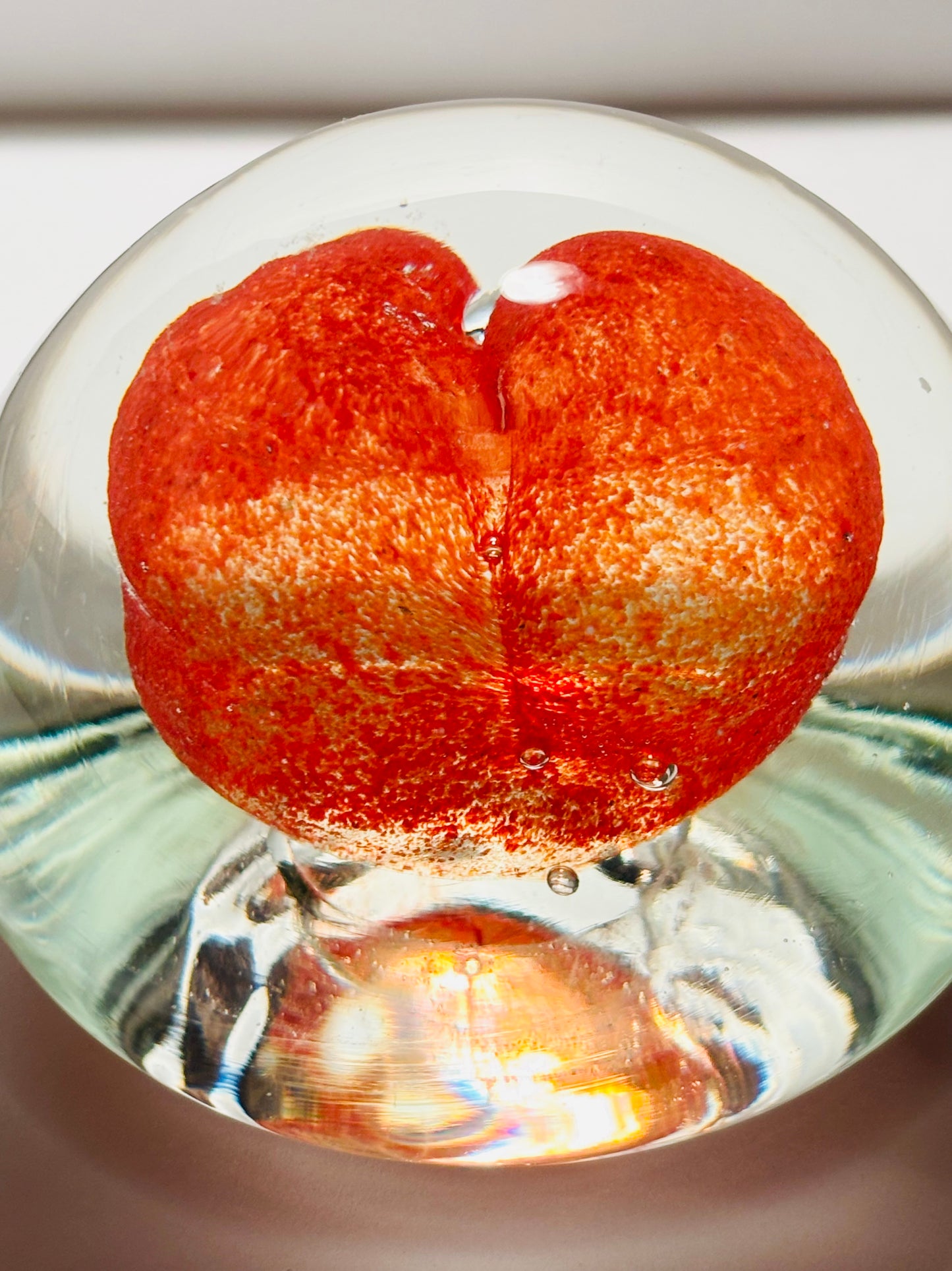 Murano Sommerso Glass Paperweight, Orange Shaped Heart Center