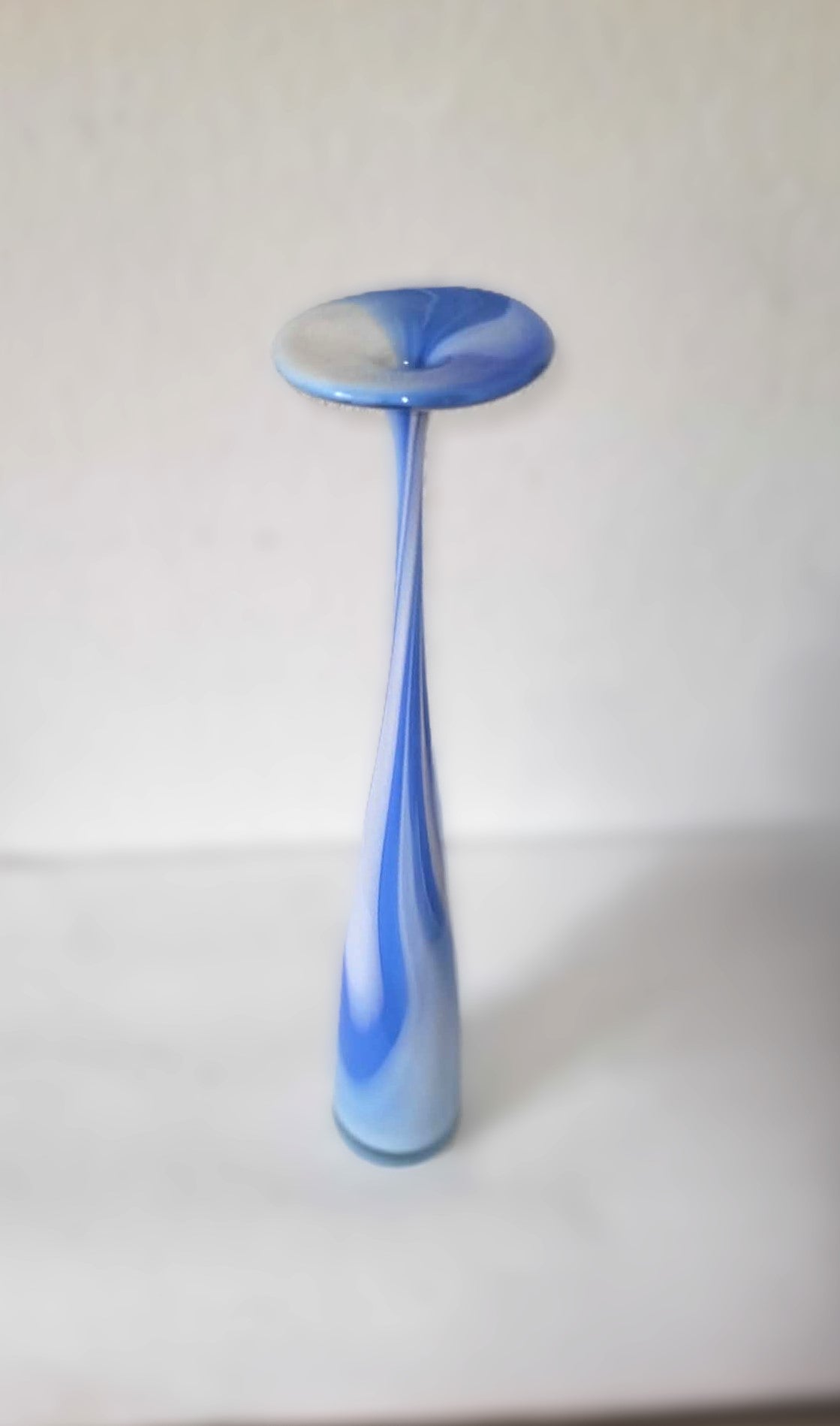 Tall handmade glass vase in blue and white, Denmark 1980s