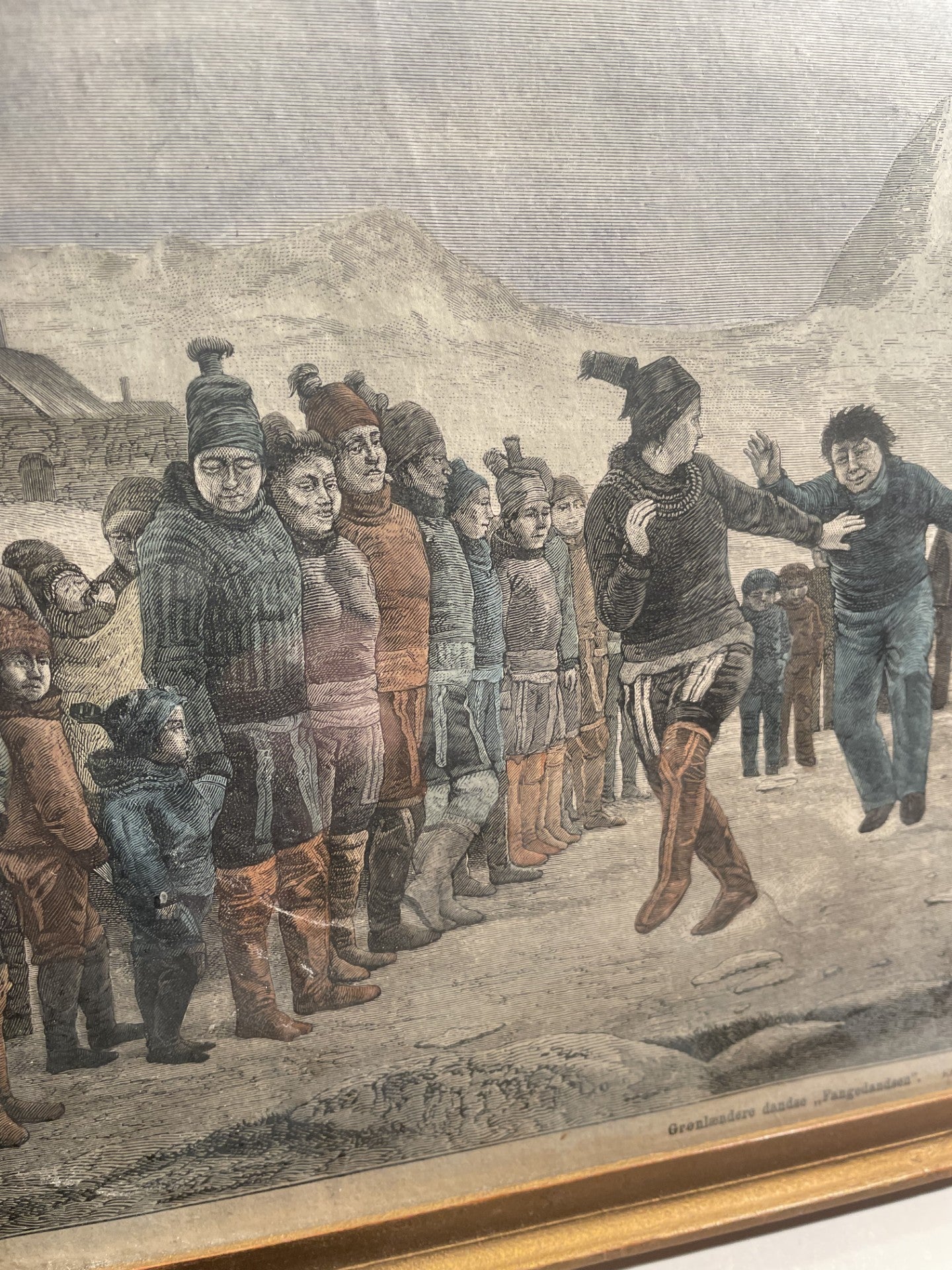 Beautiful Greenlandic color etching, drawn by B. Olsen, after Carl Rasmussen's painting "The Prisoner's Dance"