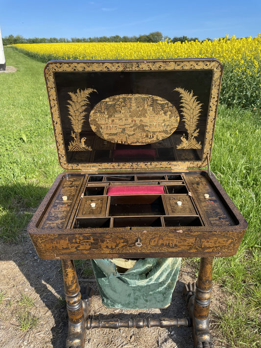 Beautiful antique 19th Century Chinese Gilt Lacquer Sewing Table - no. 018080