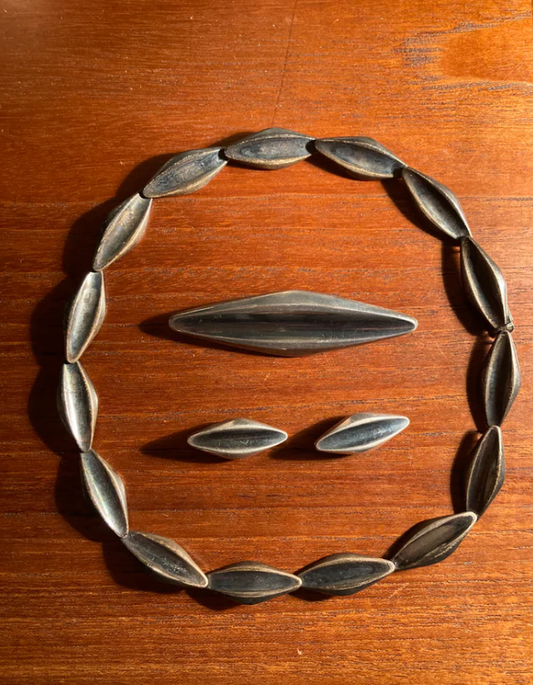 Necklace, brooch and earrings. Stamped Sterling for BMJ Denmark.